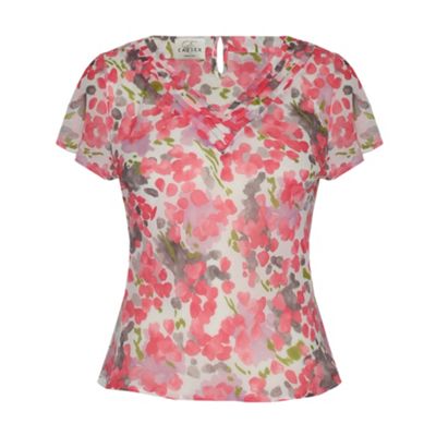 Eastex Short Sleeve Blossom Print Pleated V Neck Blouse