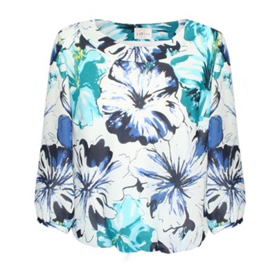 Blue Long Sleeve Hibiscus Print Blouse