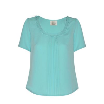 Short Sleeve Light Teal Pleat Front Shell Top