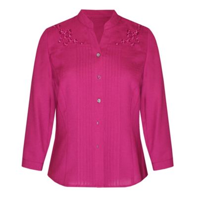 Bright Pink Mandarin Collar Embroidered Blouse