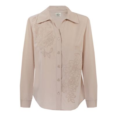 Beige Long Sleeve Placement Embroidered Blouse