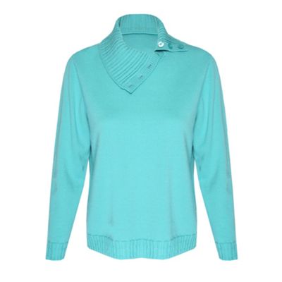 Light Teal Cable Split Collar Lambs Wool Jumper