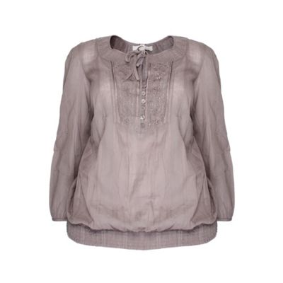 Grey Shirred Embellished Neck Blouse