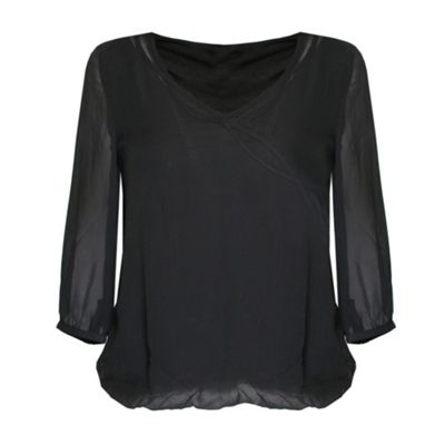 Petite Black Bubble Hem Silk Blouse