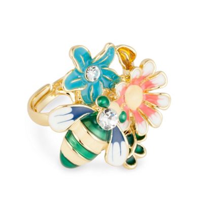 Bee and flower enamel adjustable ring