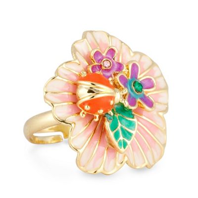 Coral ladybird enamel flower adjustable ring