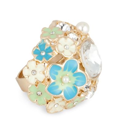 Blue and green enamel multi floral adjustable ring