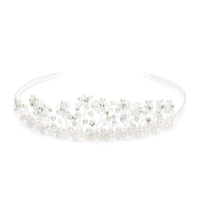 Pearl and crystal facet bead daisy spray tiara
