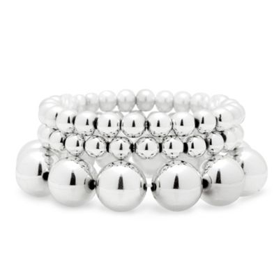 Set of three graduated polished silver ball stretch bracelets