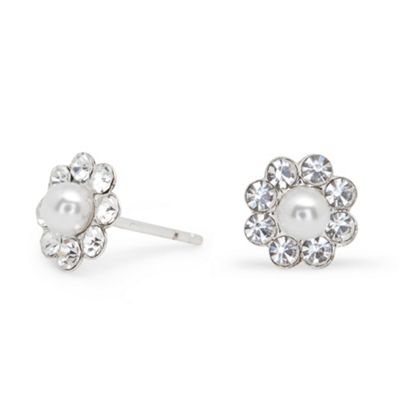 Sterling Silver Pearl And Crystal Flower Stud