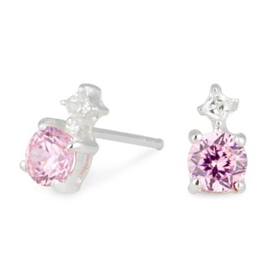 Pink and white cubic zirconia crystal round clasped stud earring