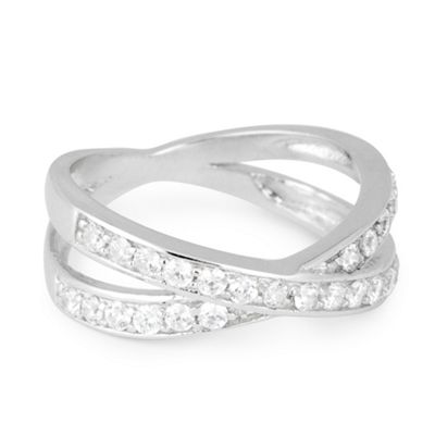 Cubic zirconia crystal encased crossover sterling silver band ring