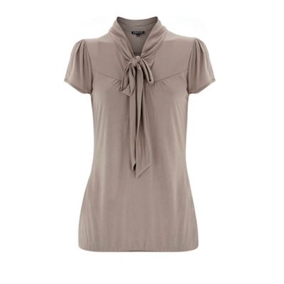 Neutral Short Sleeve Tie Neck Blouse