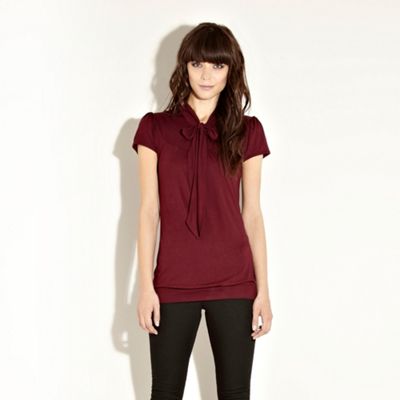 Red Short Sleeve Tie Neck Blouse