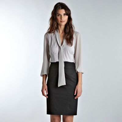 Warehouse Light Grey tie neck 3/4 sleeve blouse