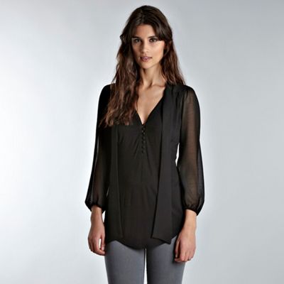 Warehouse Black tie neck 3/4 sleeve blouse