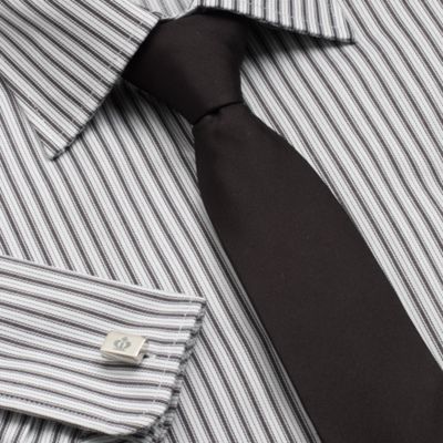 Black And White Stripe Shirt With Plain Black Tie And Cuff Links