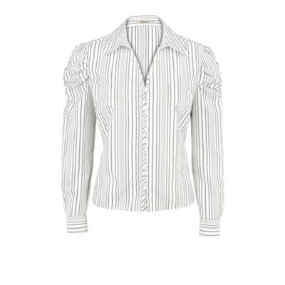 Petite Ruched Sleeve Striped Blouse