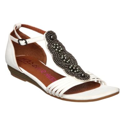 Off White Bead T- Bar Low Wedge San