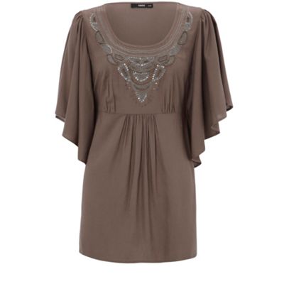 Tan embellished angel sleeve blouse