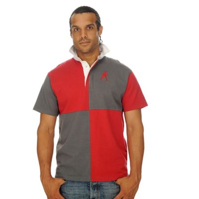 Grey and red harlequin rugby shirt with figure