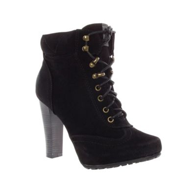 Black Block Heel Biker Style Lace Up Ankle Boots