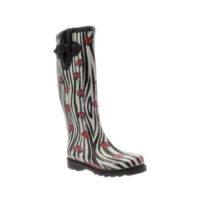 Black zebra print and rose wellington boot