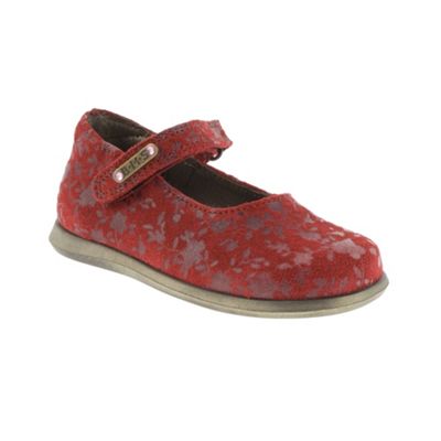 Red Buckle My Shoe Suede Floral Embossed Bar Strap Shoe - First Shoe