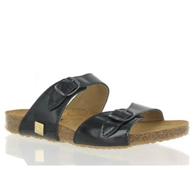 Black patent leather foot bed sandals