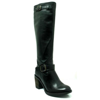 Black leather knee high boot with buckle detail