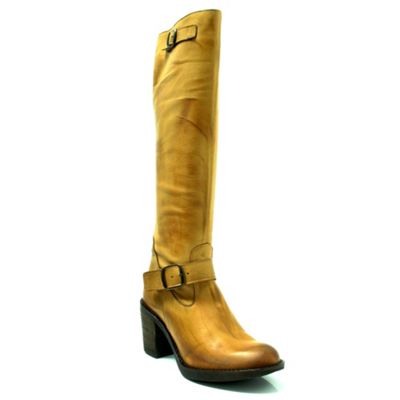 Tan leather knee high boot with buckle detail