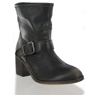 Black leather ankle boot with buckle detail