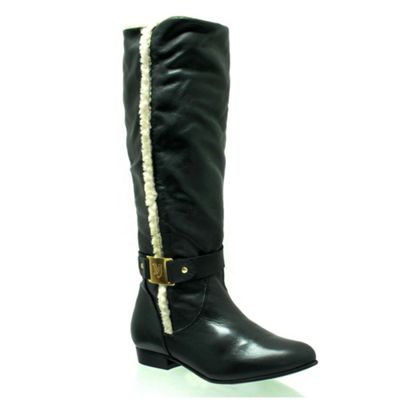 Black leather knee high boot with faux shearling lining