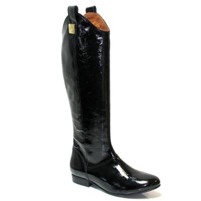 Black patent leather knee high riding boot with MJ detail