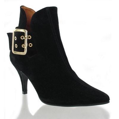 Black suede ankle boot with gold buckle detail