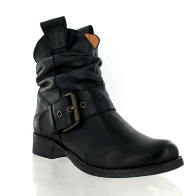 Black leather ankle boot with buckle detail