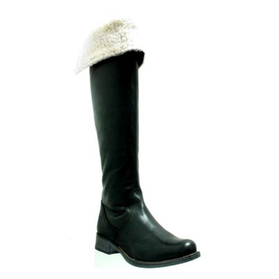 Black leather knee high boot with faux shearling lining