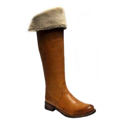 Tan leather knee high boot with faux shearling lining