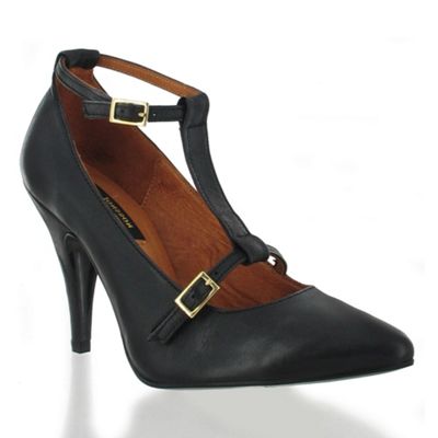 Black leather pointed court with ankle strap detail