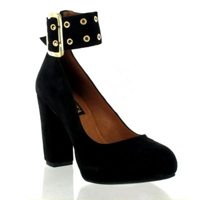 Black suede court shoe with ankle strap