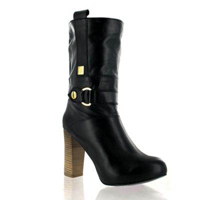 Black leather ankle boot with covered platform & wooden block heel