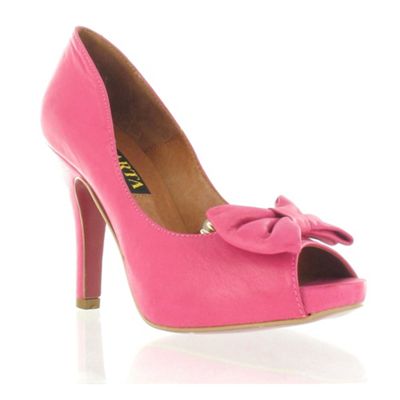 Pink leather peep toe platforms