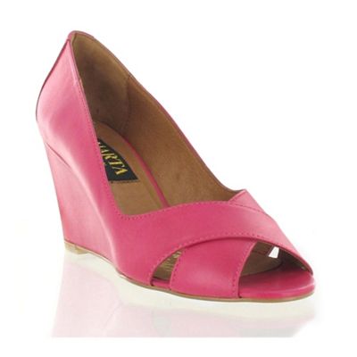 Pink leather peep toe wedges