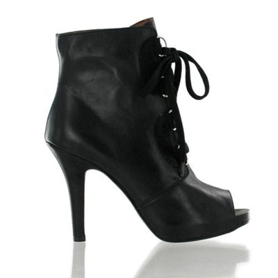 Black leather peep toe ankle boot with lace detail