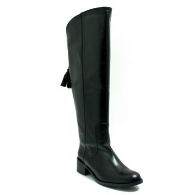 Black leather knee high riding boot with tassel detail