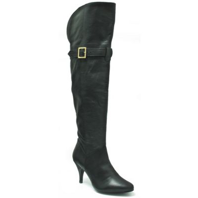 Black leather knee high boot with buckle detail