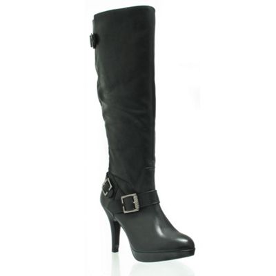 Black leather platform knee boot with faux shearling lining