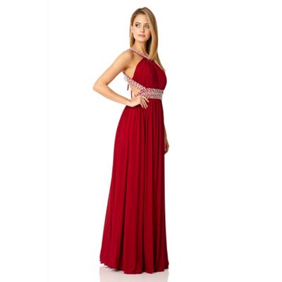 Quiz Cherry Red Mesh Backless Embellished Maxi Dress