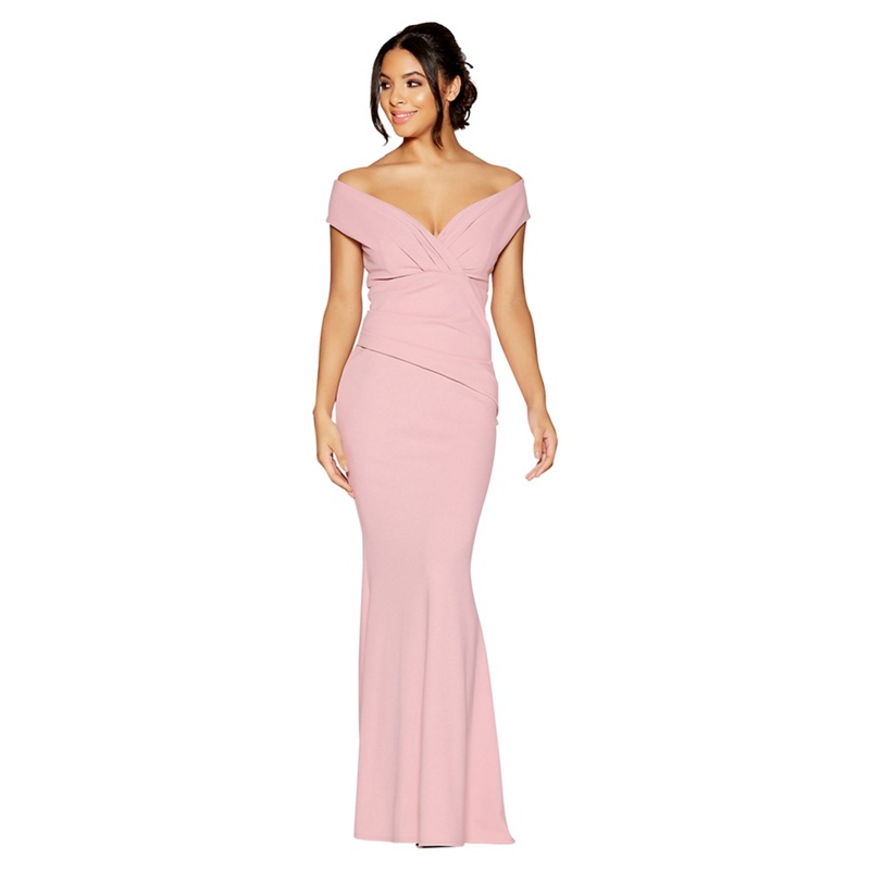 Quiz - Mauve Crepe Bardot Wrap Front Fishtail Maxi Dress Review