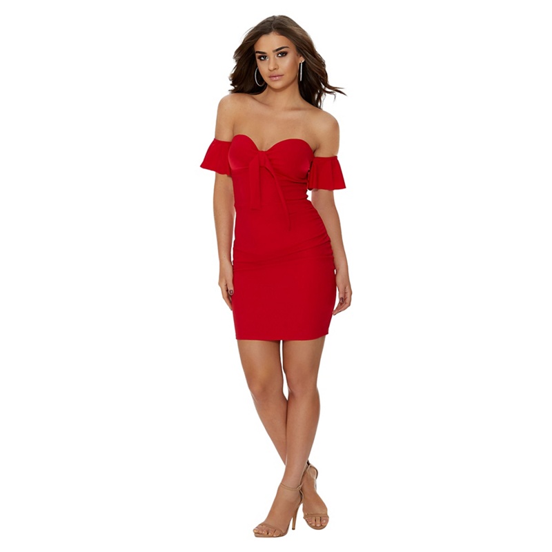 Quiz - Red Crepe Bardot Tie Front Ruched Bodycon Dress Review